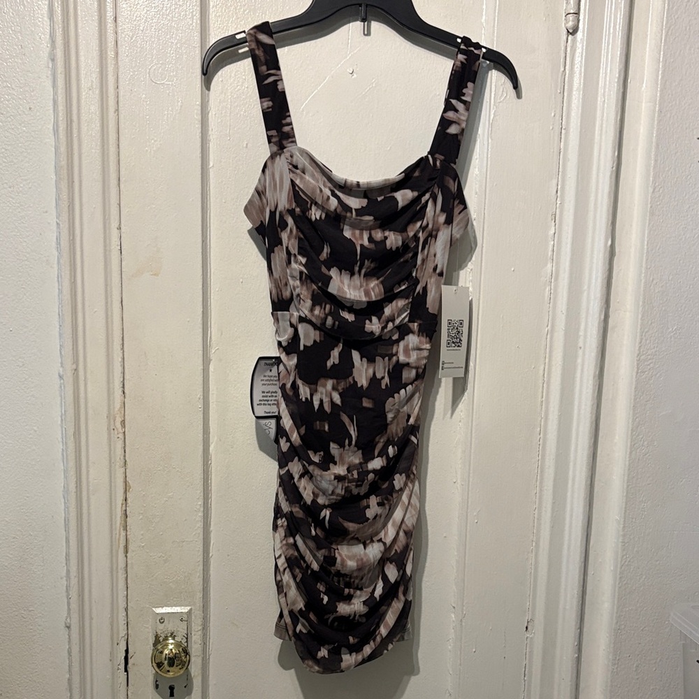 Emerald Sundae Brown & Black Floral Ruched Mini Dress - Picture 1 of 4